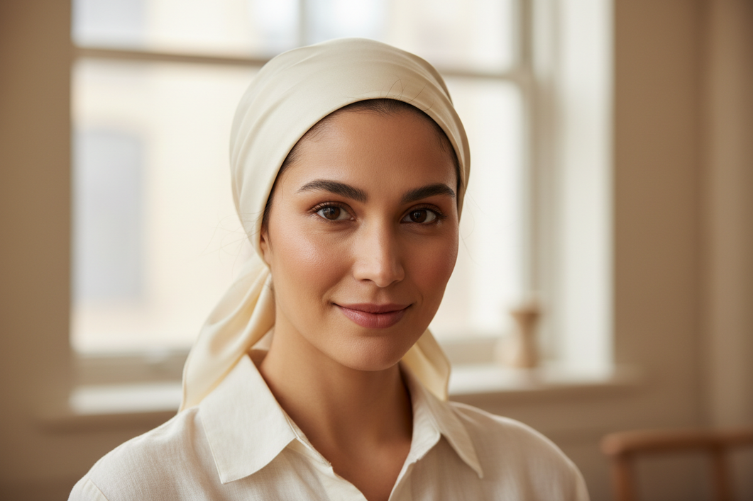 Model wearing a silk scarf styled as a head wrap, close-up portrait with the knot at the nape and the rest of the outfit kept simple