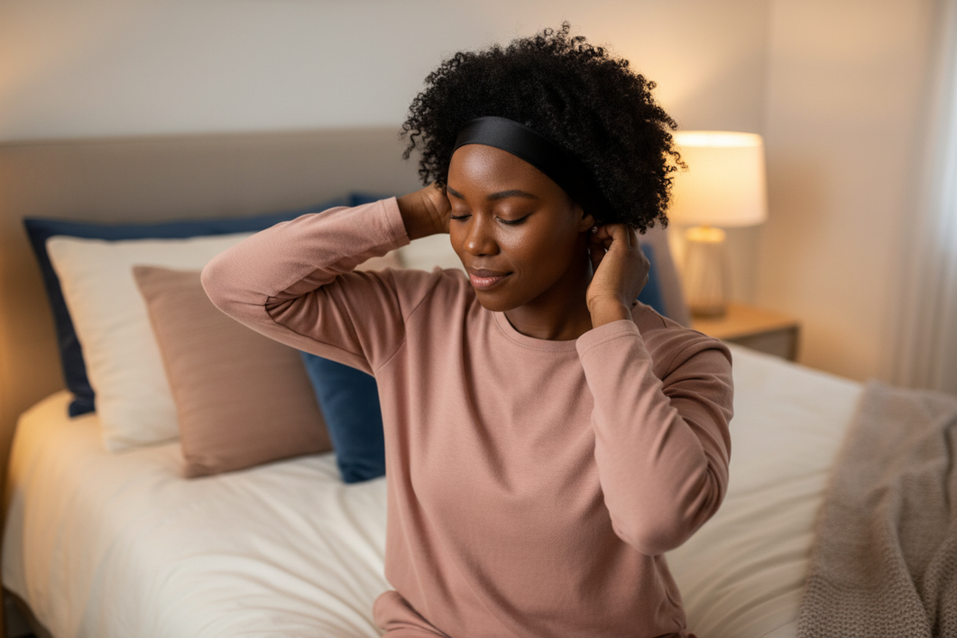 Woman with curly hair wearing a sleep bonnet in a bedroom at night