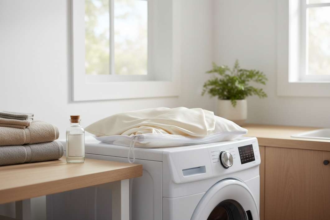 Gentle machine-wash setup for a silk pillowcase, shown inside a mesh laundry bag near a washer and a small detergent bottle