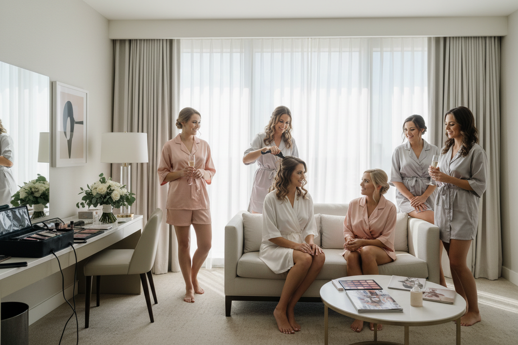 Bride and bridal party in coordinated silk getting-ready outfits in a bright hotel suite before the wedding, with robes and pajama sets arranged for photo-ready morning prep