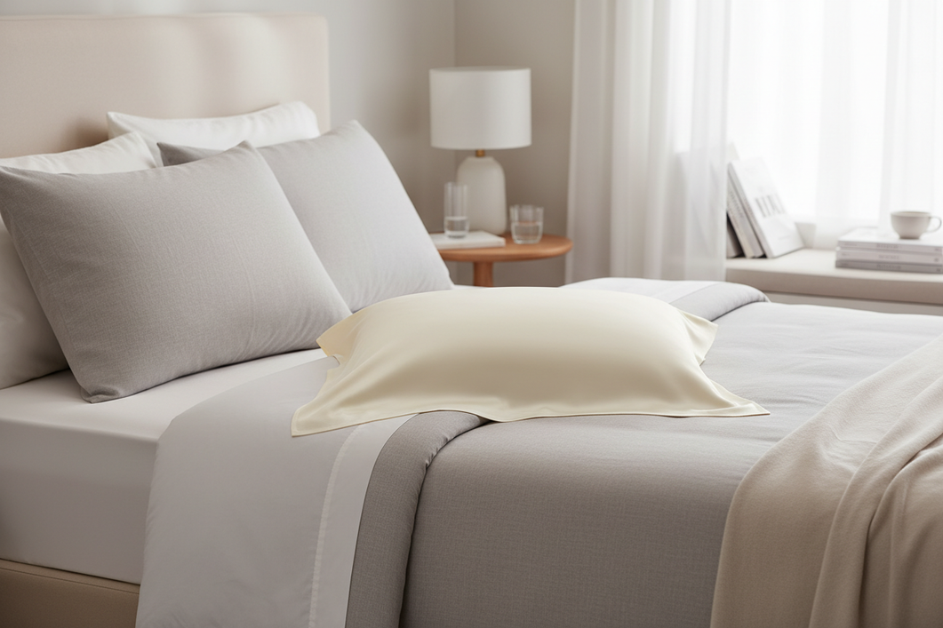 A silk pillowcase styled on a bed as a premium everyday sleep essential