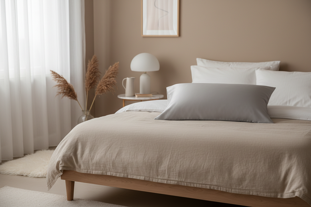 Silk pillowcase on a neatly made bed in a calm bedroom, presented as a gentle bedding choice for sensitive skin