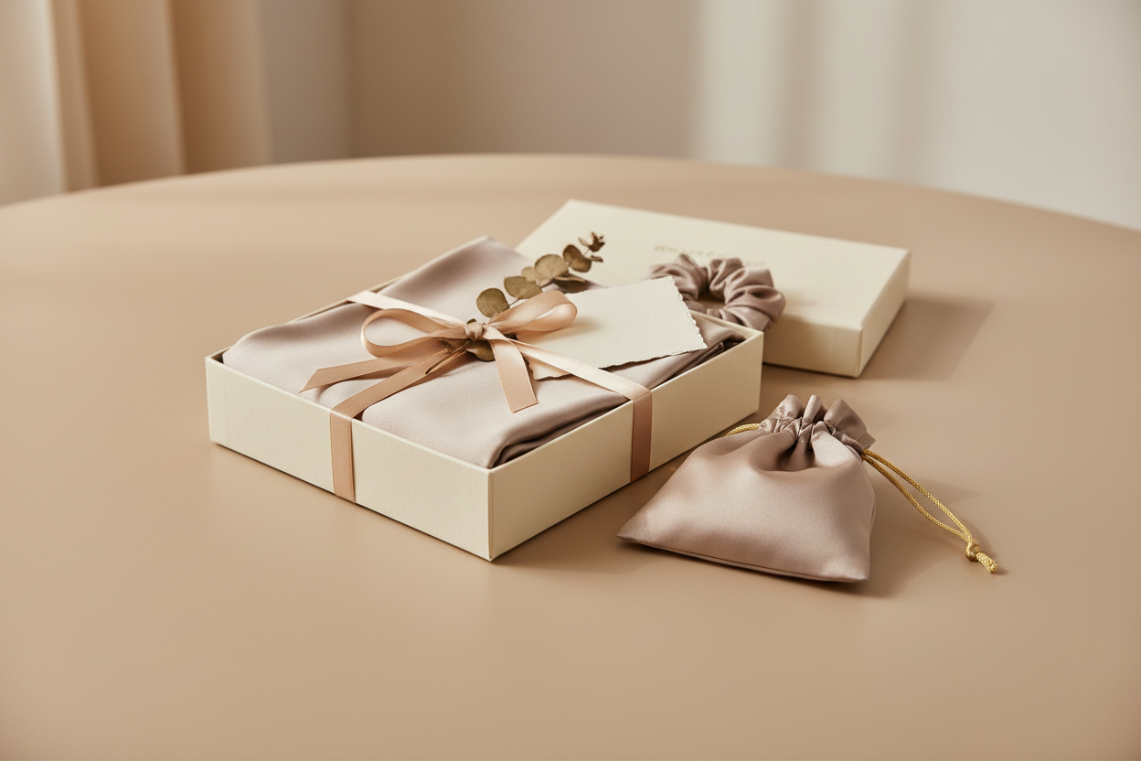 Gift-ready silk accessories arranged as a polished present on a neutral surface