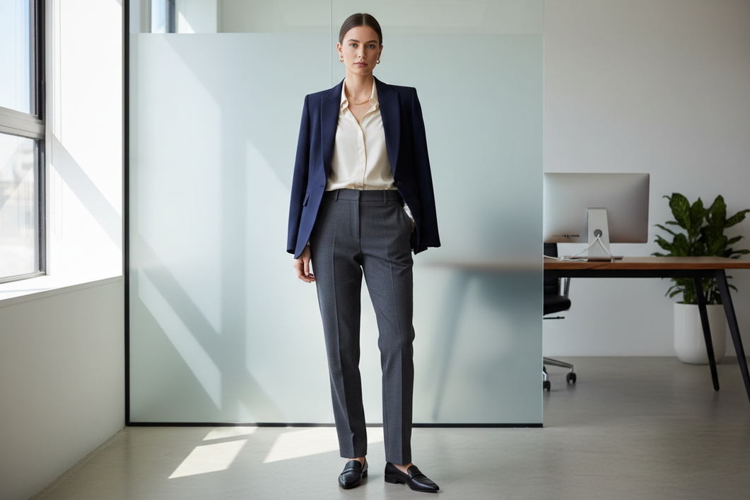 Woman styling a silk blouse with a blazer and tailored trousers in a work outfit