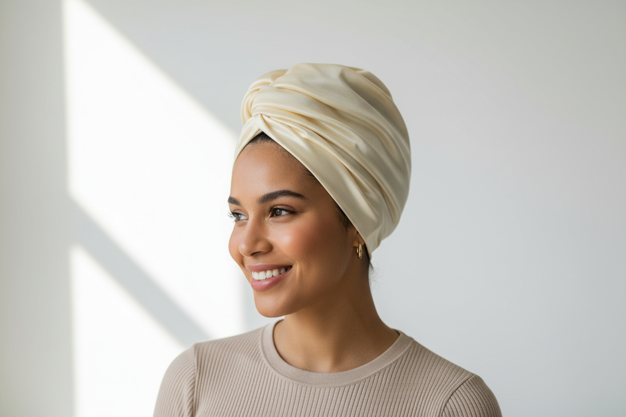 Silk scarf styled as a gentle head wrap for hair protection and frizz control