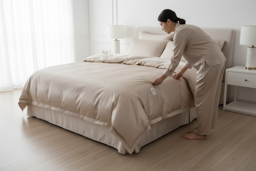 Silk duvet cover and sheet set laid out on a bed in a bright bedroom while a person checks the sewn-in care label before washing