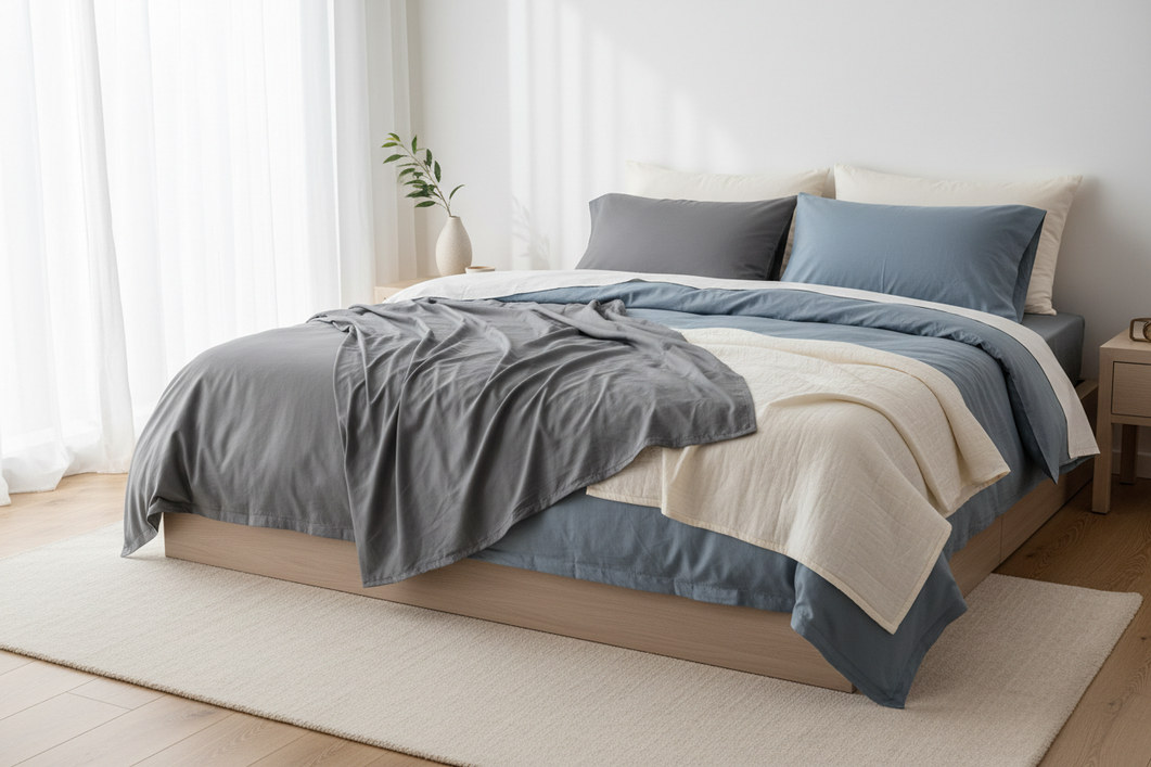 Silk and bamboo bedding folded neatly on a made bed in a bright bedroom, showing a premium sleep setup for a fabric comparison article.
