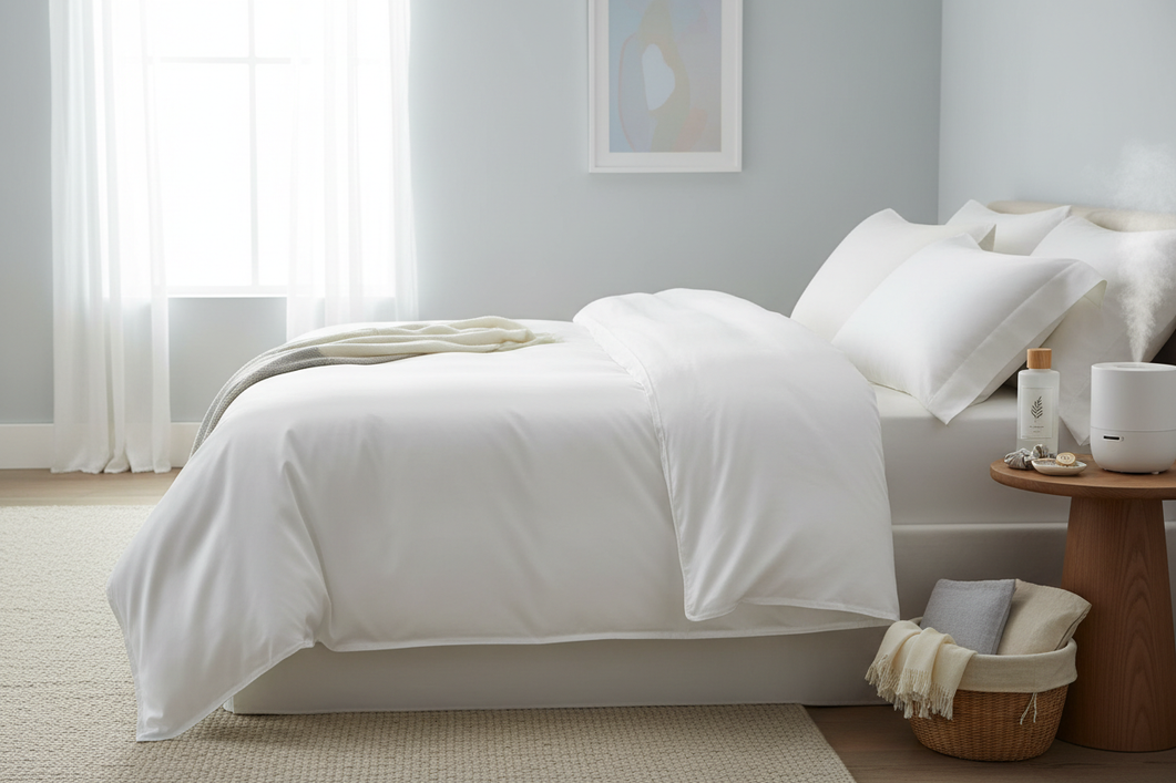 Silk duvet cover neatly spread on a bed with care essentials nearby for cleaning and maintenance