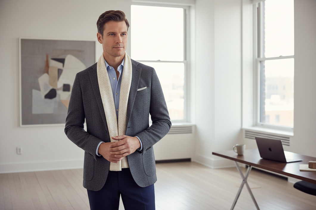 Man wearing a silk scarf with a blazer and button-down in a polished office-ready outfit