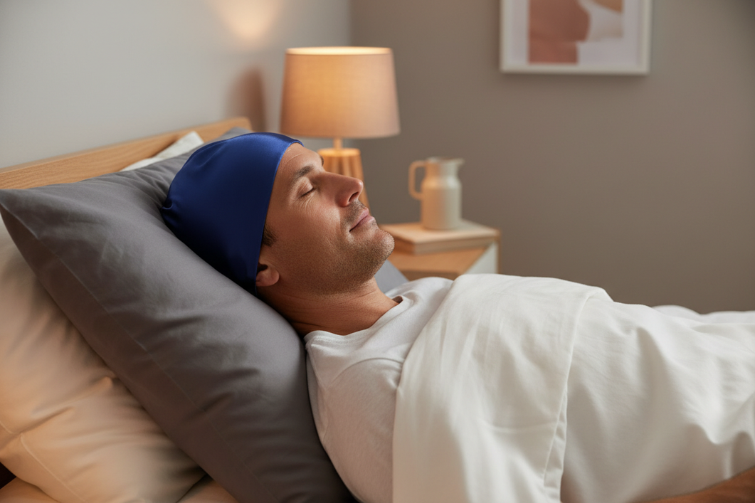 Man wearing a silk sleep cap at home in bed, shown from the side in a quiet nighttime bedroom.