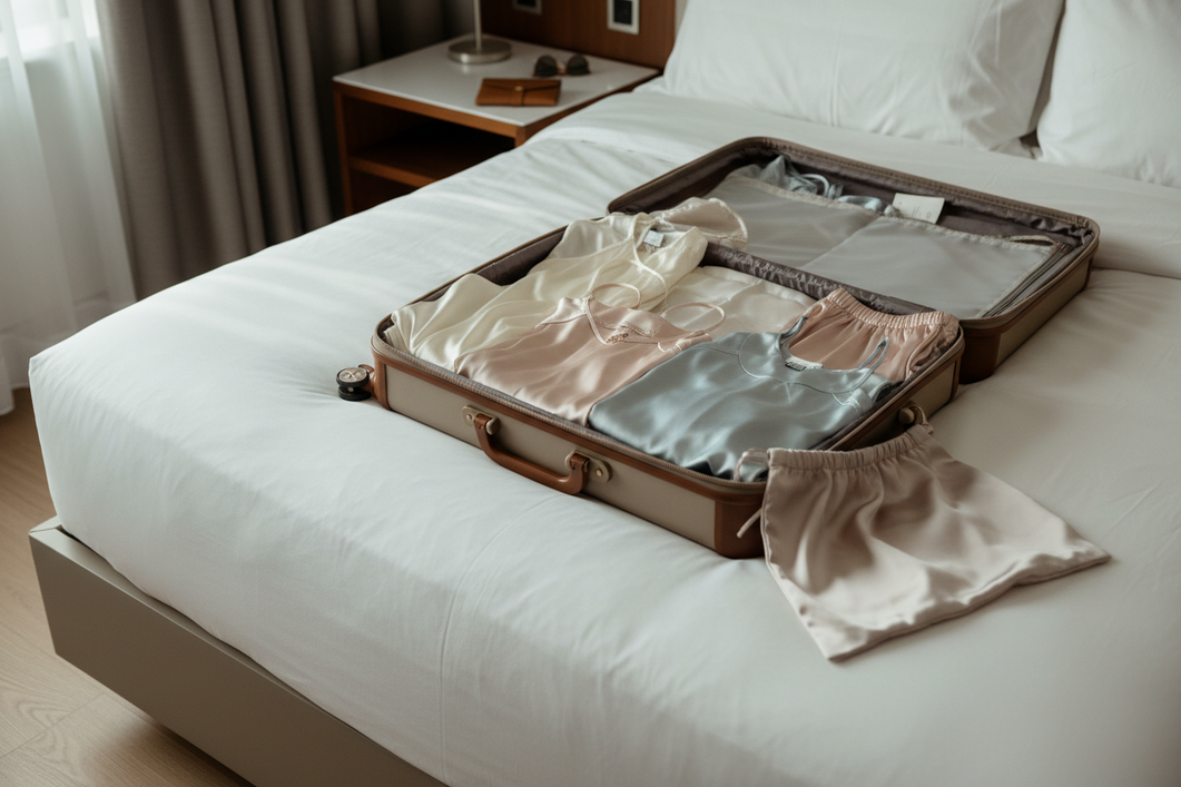 A silk sleepwear set packed neatly in a suitcase with tissue paper and soft garment protection, ready for travel