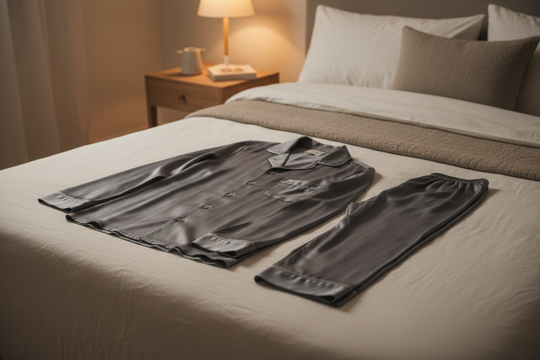 Men’s silk pajamas on a bed in a calm bedroom, shown as a comfortable sleepwear set for warm nights.