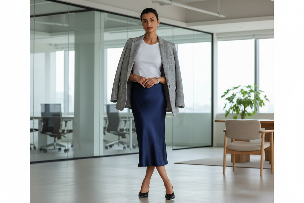 Silk midi skirt styled with a blazer and simple shoes in a polished office outfit