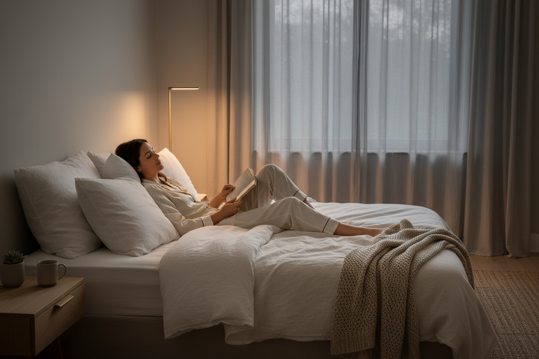 Woman in silky pajamas sitting on a neatly made bed in a softly lit bedroom, with a smooth sleep-ready look that suggests comfort and a premium nighttime feel.