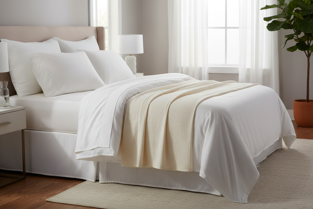 Close-up of luxury bed sheets on a neatly made bed, showing a smooth, cool-feeling fabric comparison for hot sleepers