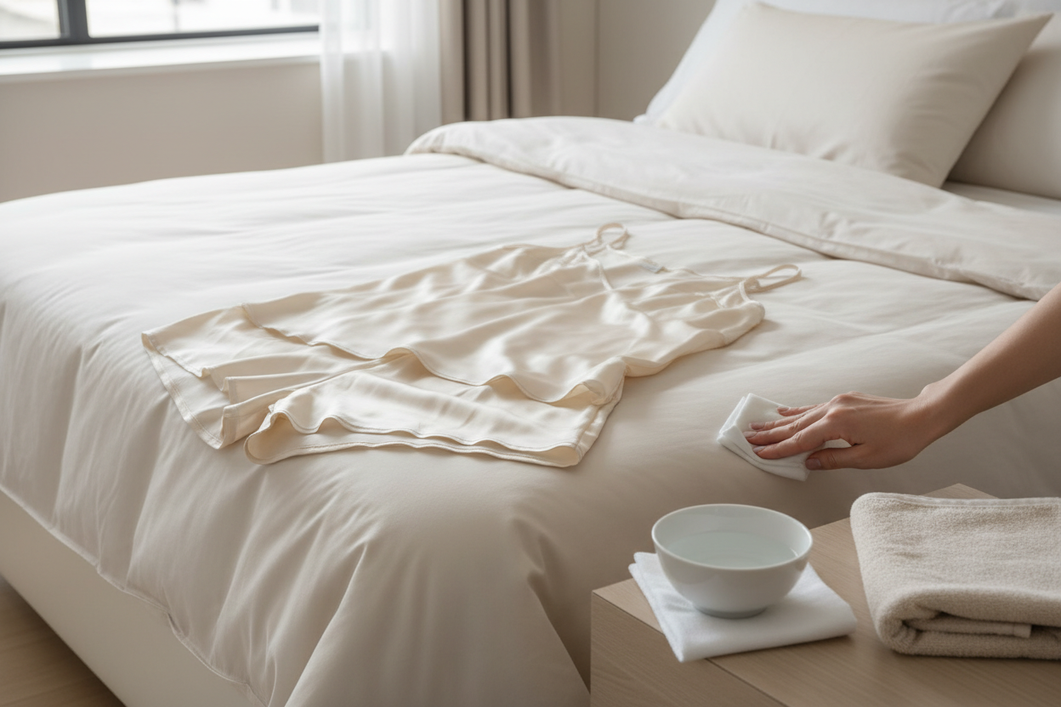 Silk sleepwear and bedding arranged on a bed with a gentle stain-cleaning setup nearby