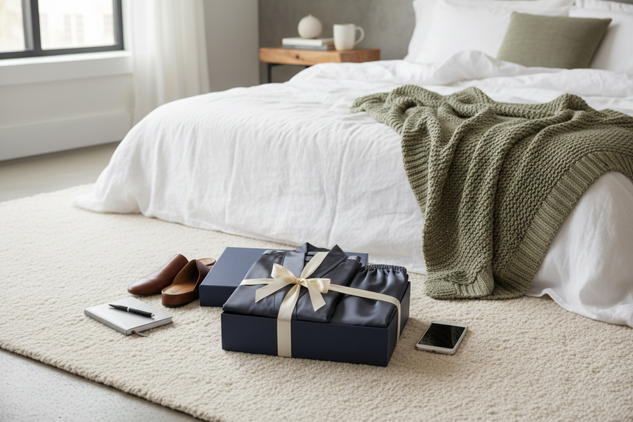 Men's silk gift set with a robe and pants styled as a practical at-home lounge outfit on a bed