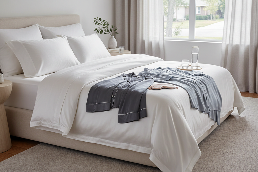 Silk pajamas and silk bedding arranged for a cost-per-wear value comparison