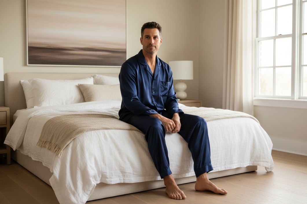 Men wearing silk pajamas at home in a relaxed bedroom setting, showing a comfortable full sleepwear set for a hot sleeper.