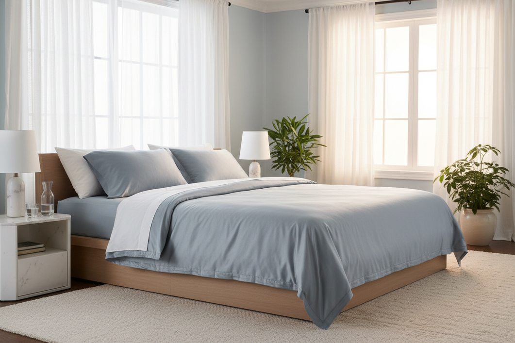 Silk bedding set on a neatly made bed in a softly lit bedroom, showing a smooth sleep surface for hot sleepers