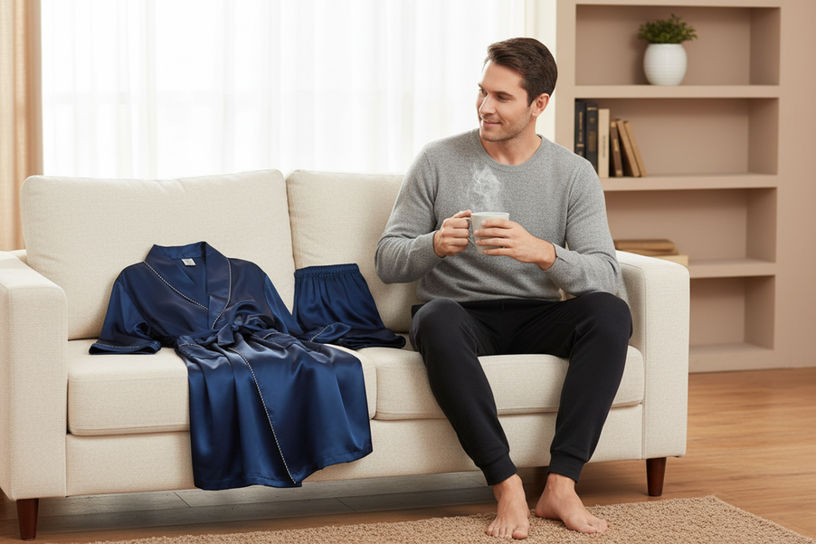 Silk robe gift for him on a man lounging at home in a bedroom or living room, relaxed and comfortable before bed