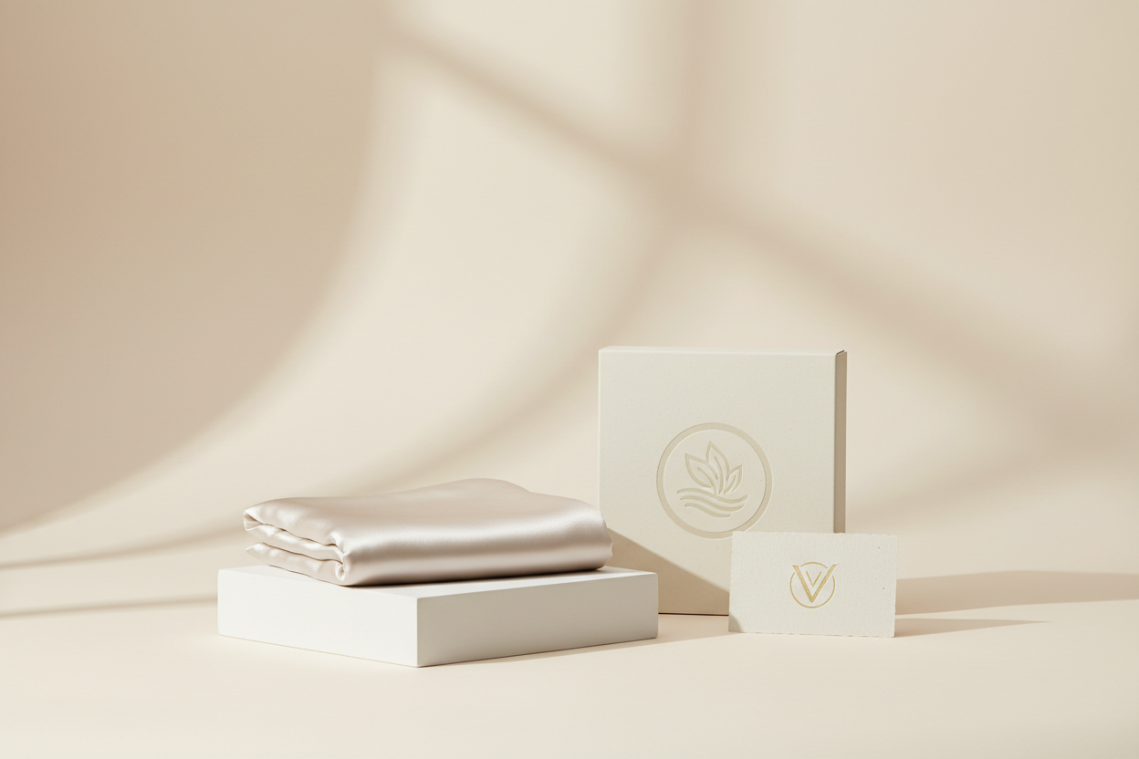 A neatly styled silk fabric item with certification-style packaging and a small verification card on a clean table, showing a premium product presentation.