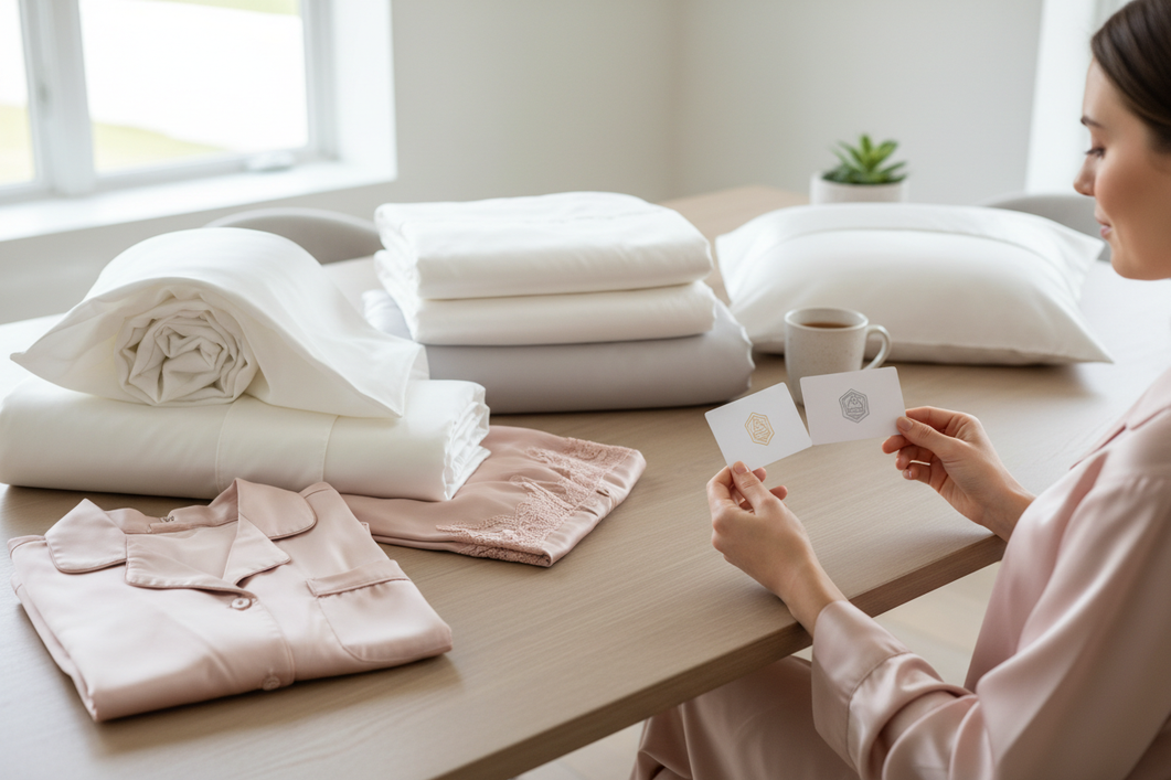 An assortment of silk bedding and sleepwear with certification-style packaging and a shopper comparing labels on a clean tabletop