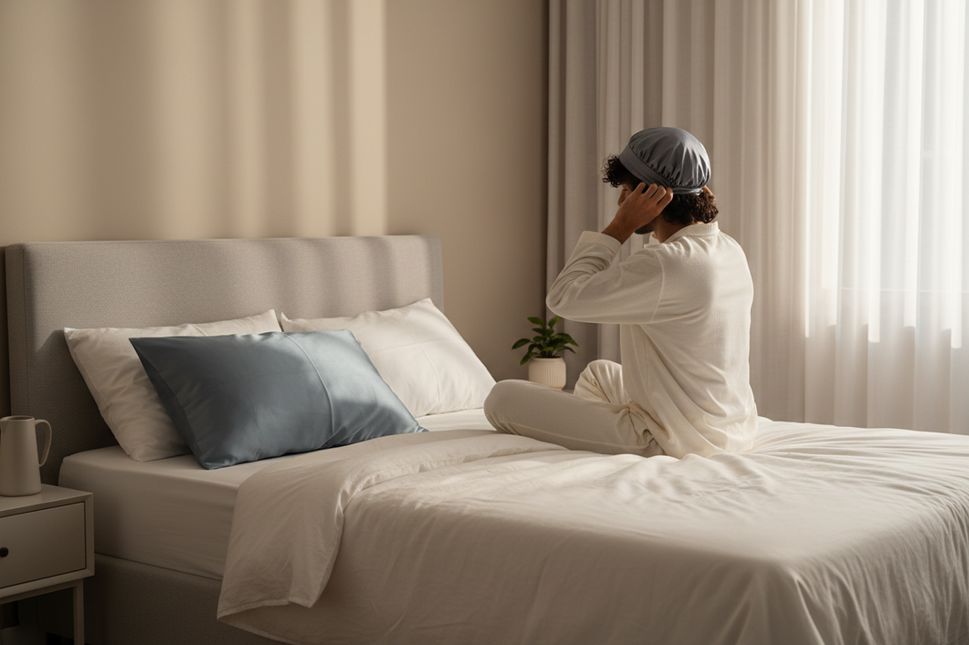 Man with curly hair wearing a silk sleep bonnet in bed beside a silk pillowcase