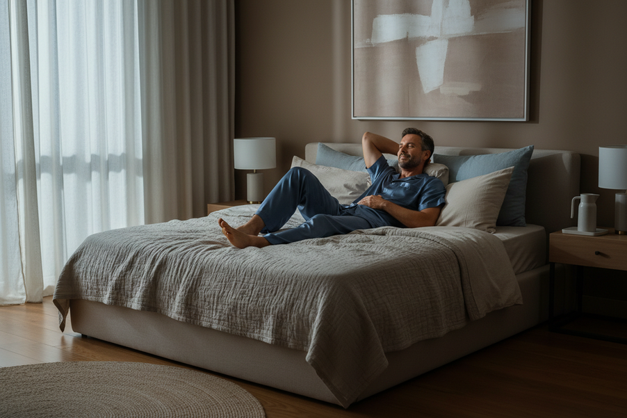 Man wearing silk pajamas in a softly lit bedroom, relaxed and comfortable on a warm night