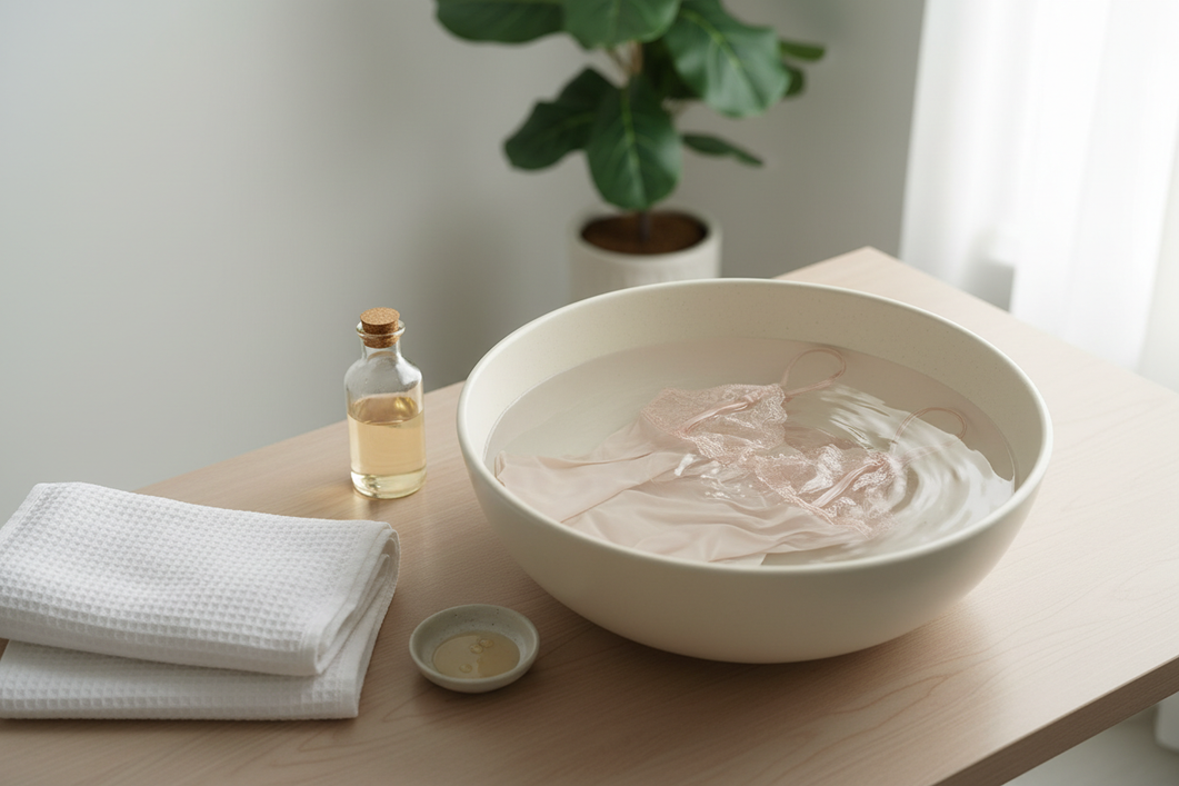 Silk pajamas on a bedroom bed beside a small bowl of laundry detergent and a clean towel, showing a gentle hand-wash setup