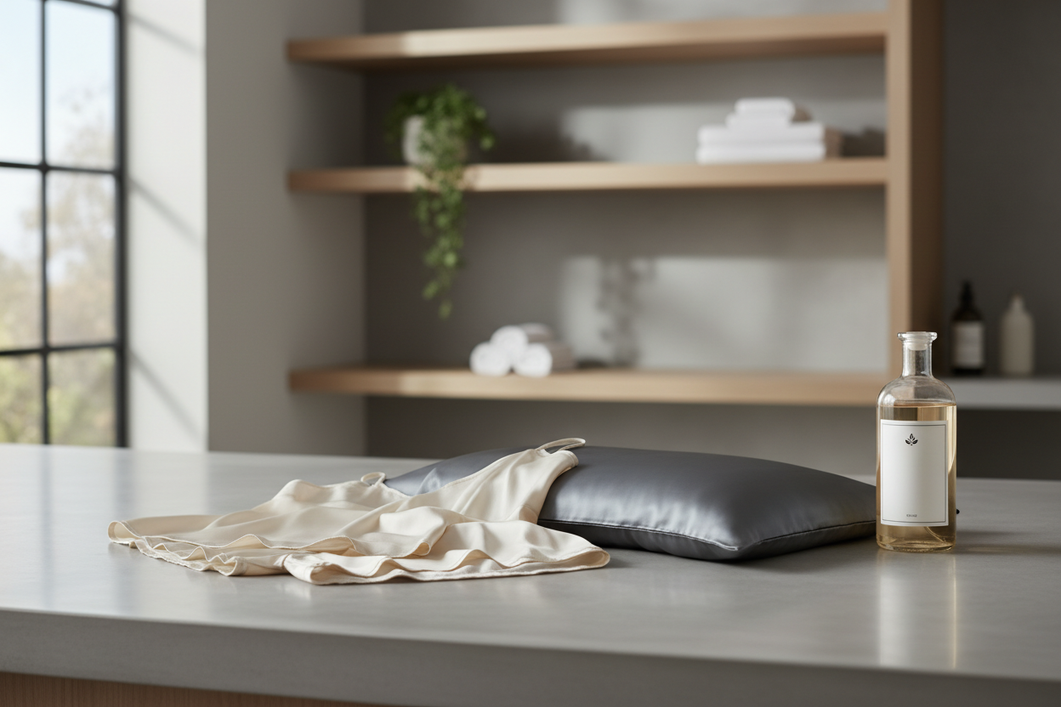 Two silk sleep items laid out beside a gentle liquid detergent bottle for a careful laundry comparison