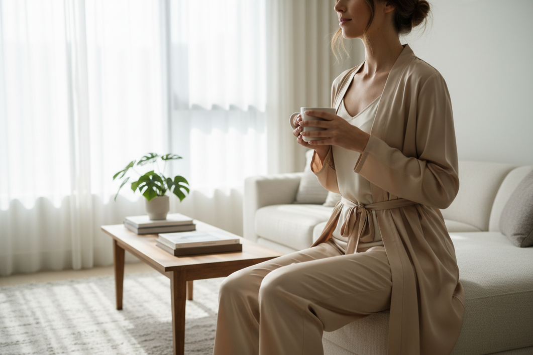 Woman at home wearing coordinated silk loungewear with a tied robe, looking polished for a casual guest moment