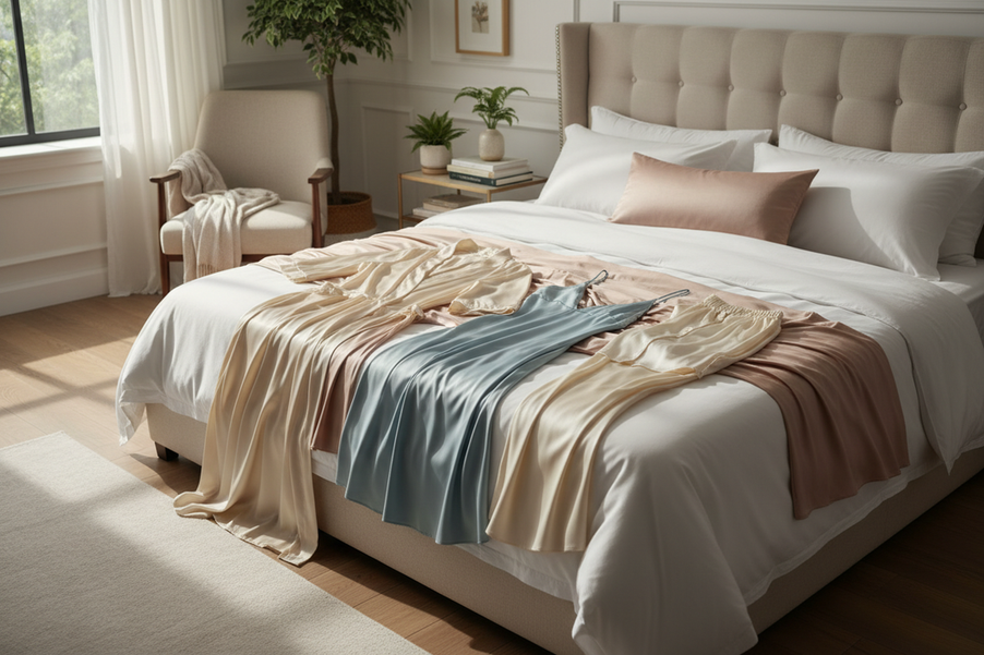 Silk sleepwear set styled for a warm bedroom, showing a lightweight and breathable feel on a neatly made bed