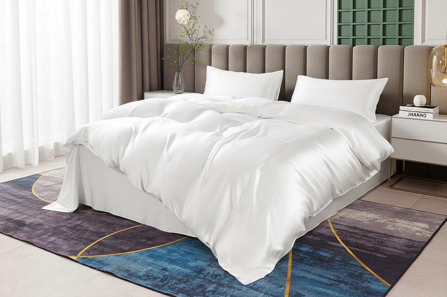 Luxury silk bedding set on a neatly made bed in a bright bedroom, styled as a premium sleep comfort hero image for hot sleepers