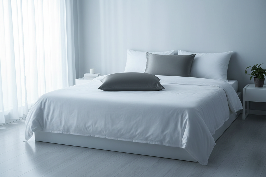 Silk pillowcase on a neatly made bed in a softly lit bedroom