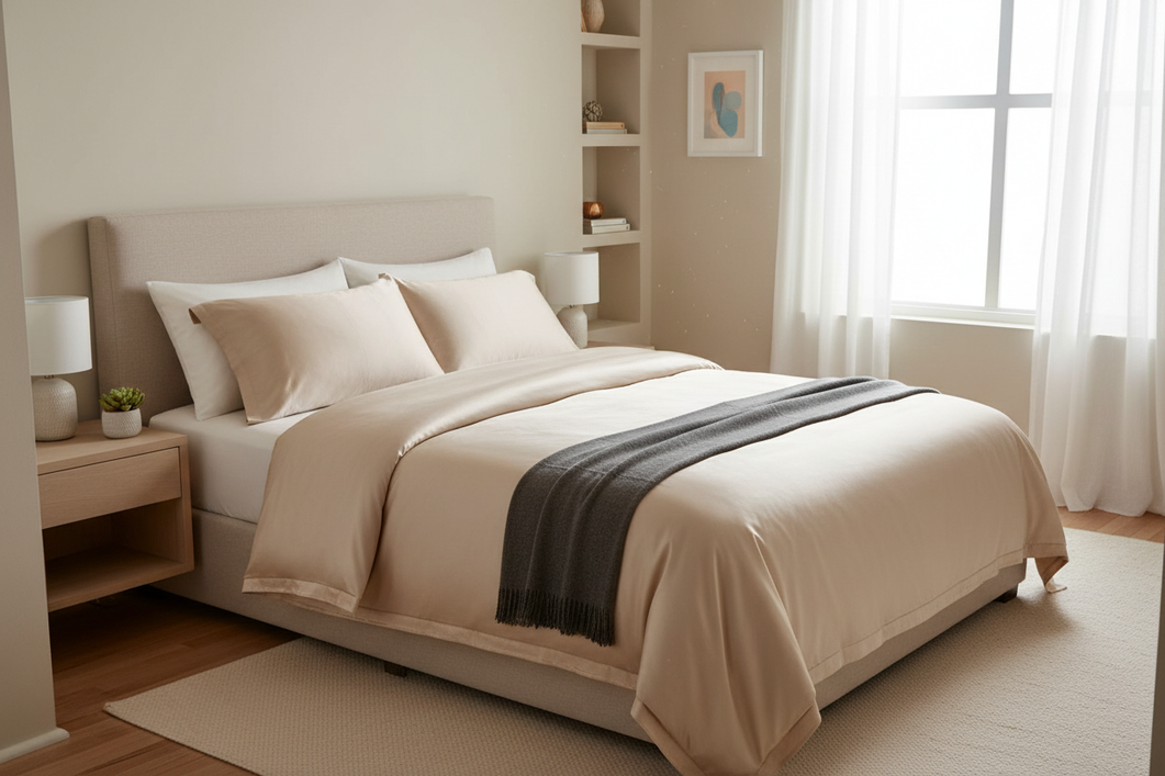 Silk bedding in a small apartment bedroom with a neatly made bed and soft natural light