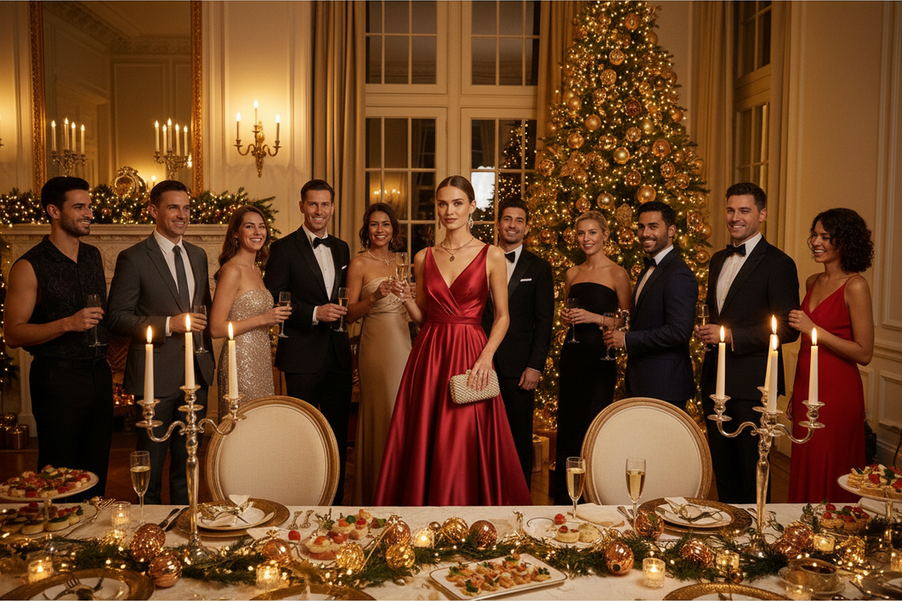 Silk holiday party dress styled for an elegant evening event, photographed in warm indoor light