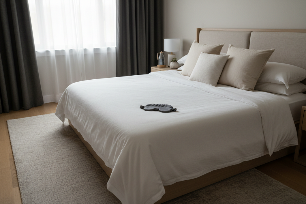 Silk sleep mask resting on a bed in a dark bedroom
