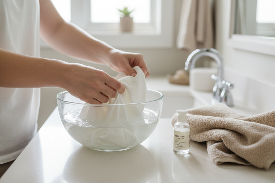 Silk pillowcase on a bathroom counter beside a bowl of clean water and gentle detergent, showing a soft hand-wash routine in a home laundry setting