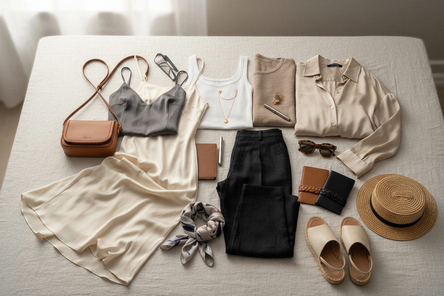 Silk travel capsule wardrobe with a camisole, dress, pants, and light layer arranged for packing