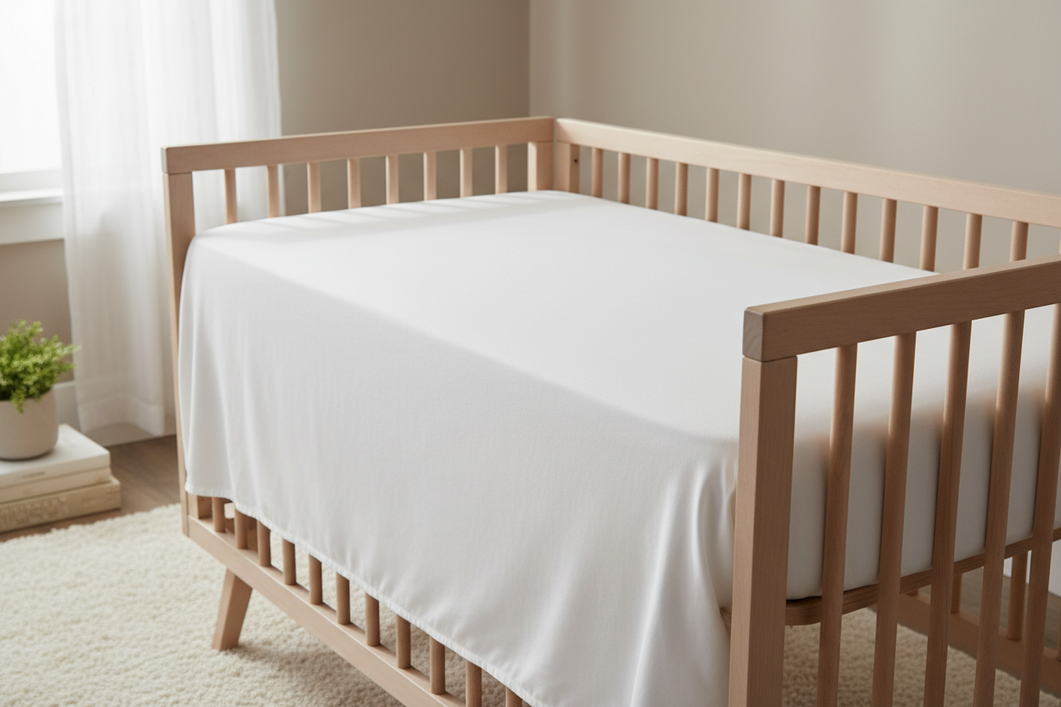 Silk crib sheet on a baby crib mattress with a smooth, snug fit and tucked corners in a bright nursery