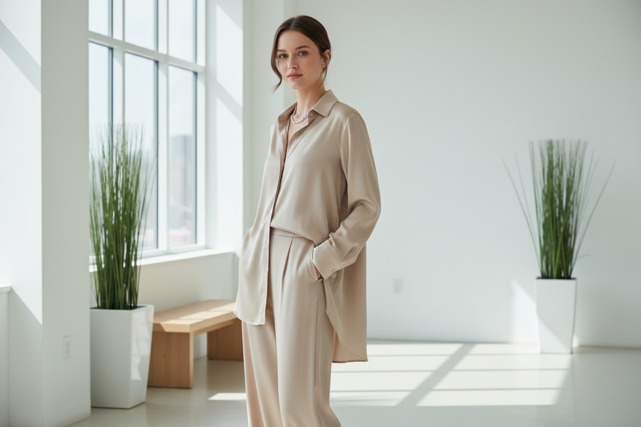 Neutral silk outfit styled for a polished daytime look