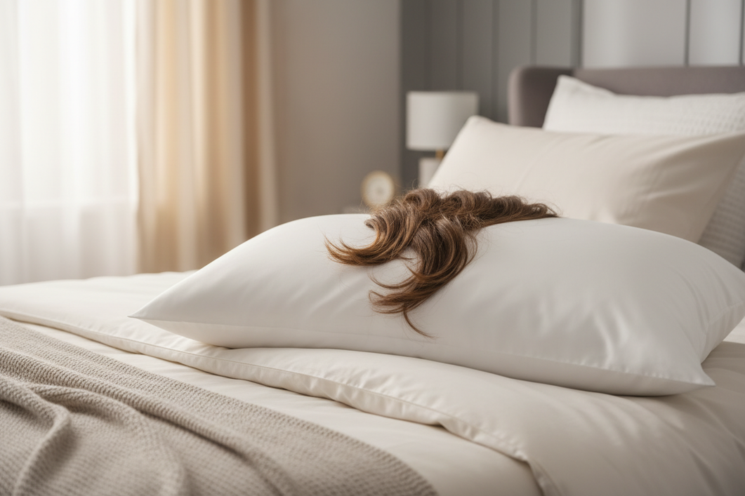 Close-up of a smooth pillowcase on a bed with a sleeping person’s hair resting naturally, showing a soft, low-friction nighttime surface