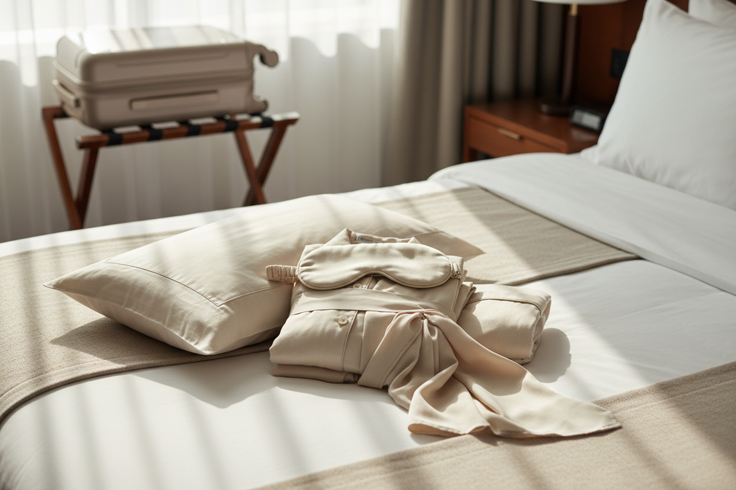 A coordinated silk travel sleep kit with pillowcase, eye mask, scarf, and pajamas arranged on a neatly packed suitcase in a hotel room