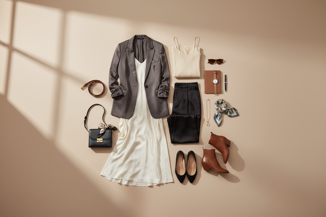 Silk capsule wardrobe essentials styled together for a polished minimalist outfit edit