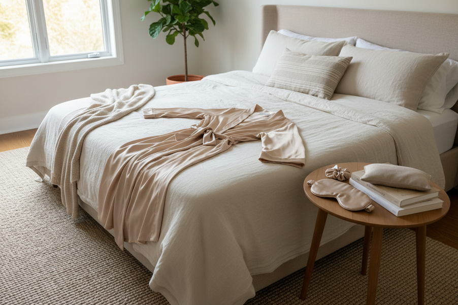 Soft silk robe and silk sleep essentials arranged as a new mom gift on a neatly made bed
