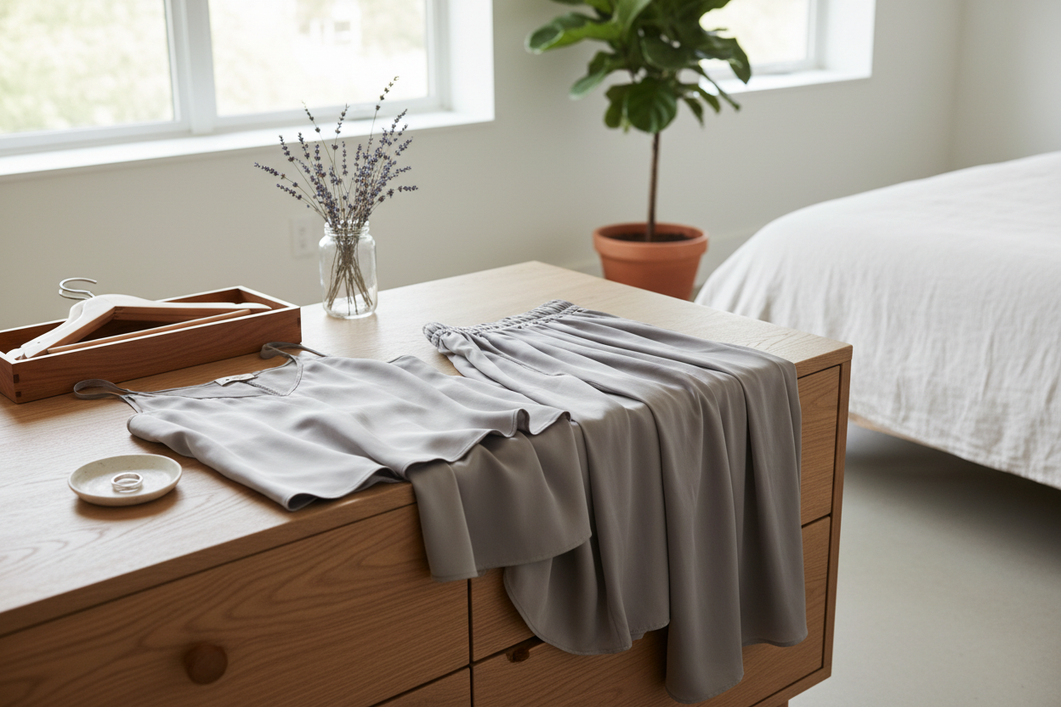Silk garment draped neatly on a chair in a softly lit bedroom, styled as a sustainable wardrobe hero image