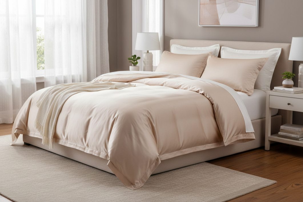 Close-up of a silk bedding item on a neatly made bed, emphasizing fabric texture and a clean product-page feel.