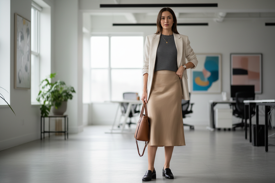 Silk midi skirt styled for a business casual office with a matte knit top, structured jacket, and simple work shoes