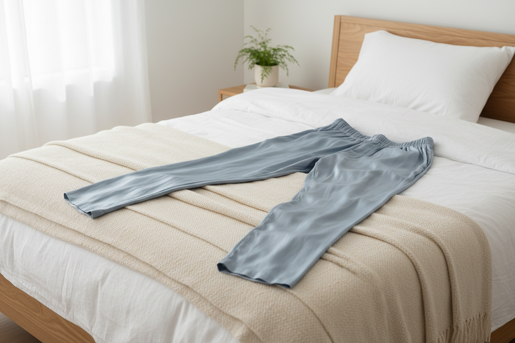 Men's silk pajama pants laid out as a premium sleepwear hero on a neatly made bed